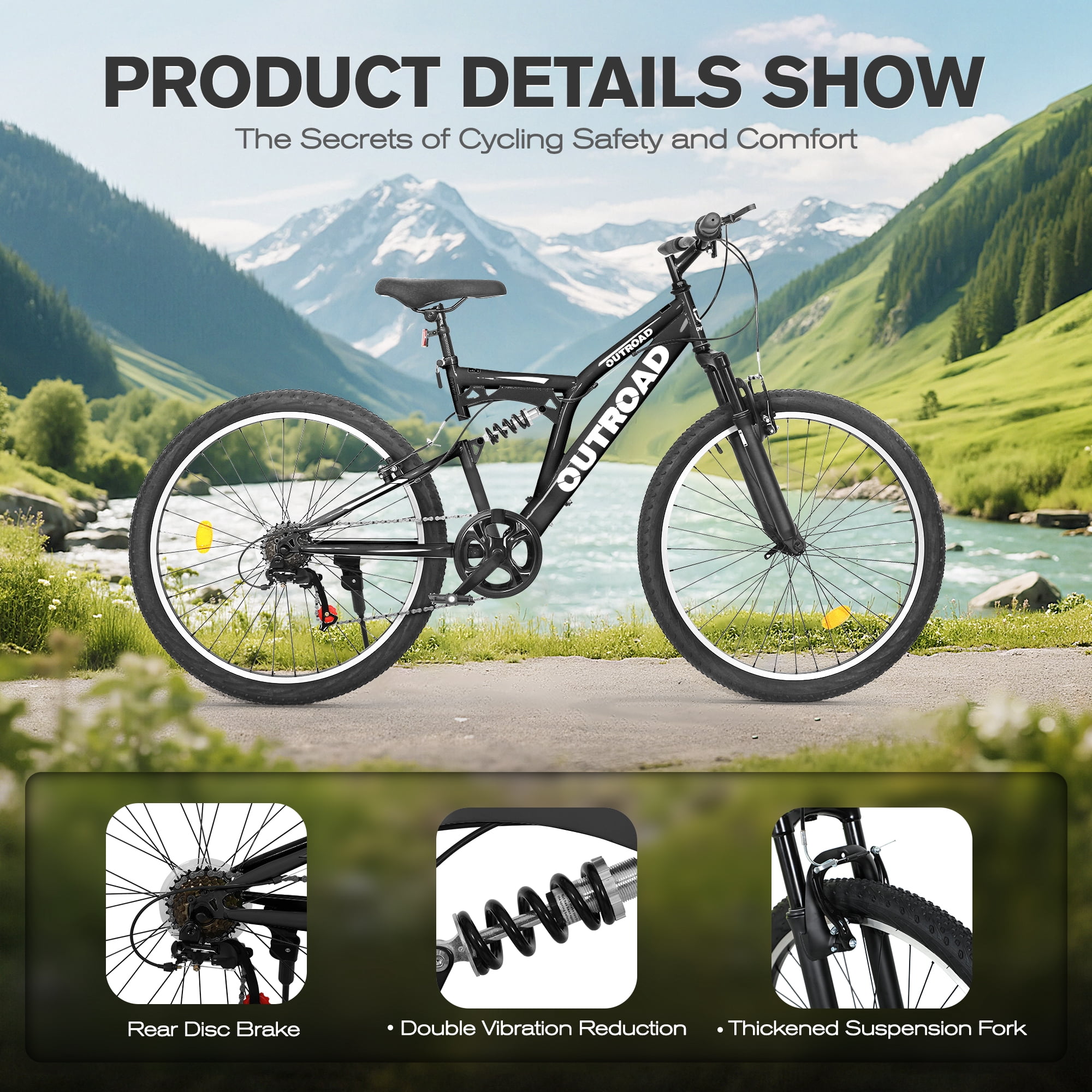 Marknig 26 inch Mountain Bike, 7 Speed Adult Bicycle with High-Carbon Steel Frame, Dual Disc & V-Brakes, Adjustable Seat for Men and Women,MTB with Shock Absorption System, Black