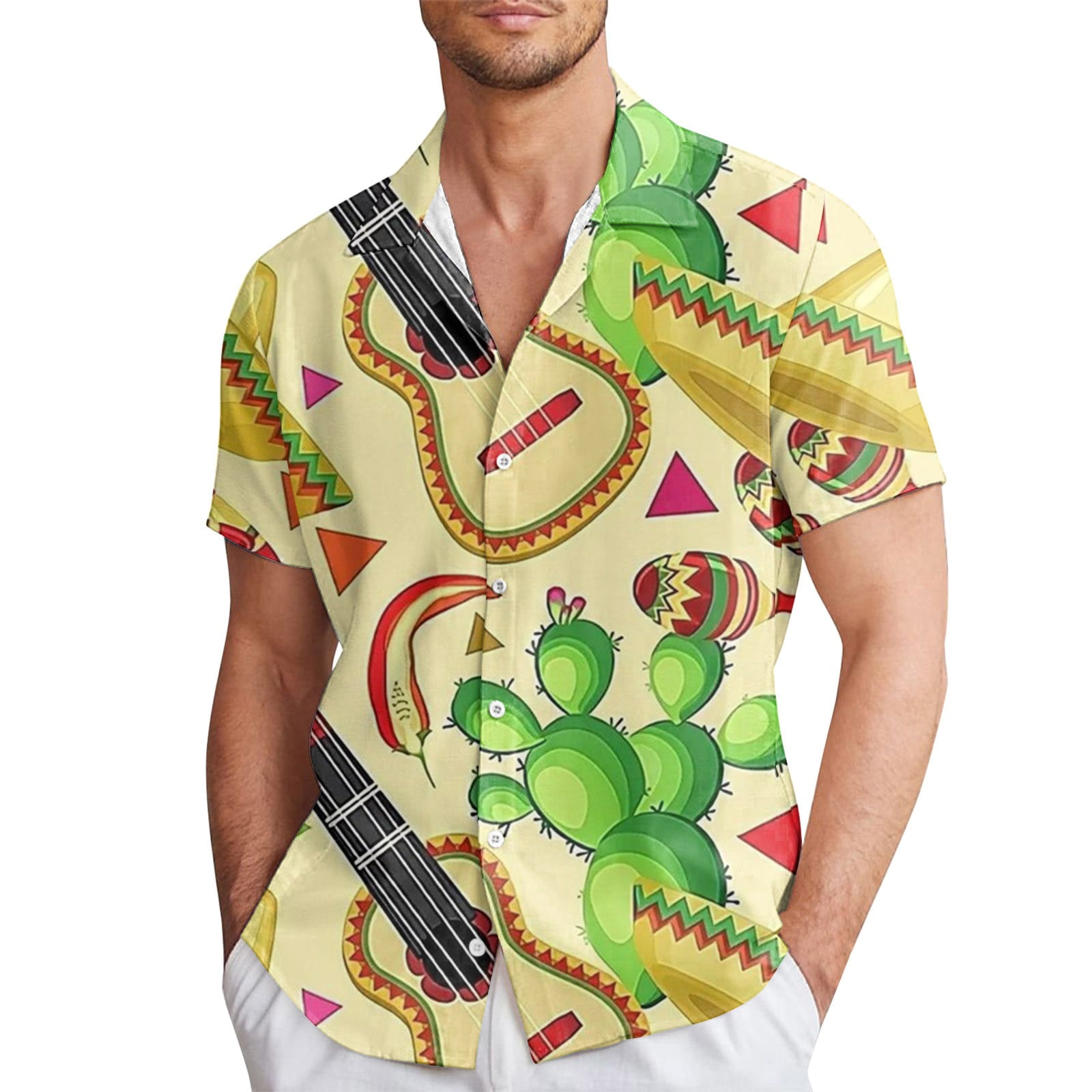 Chemise Homme Style Mexicain - Manches Courtes - Imprimé Complet - Printemps/Été - Coupe Décontractée