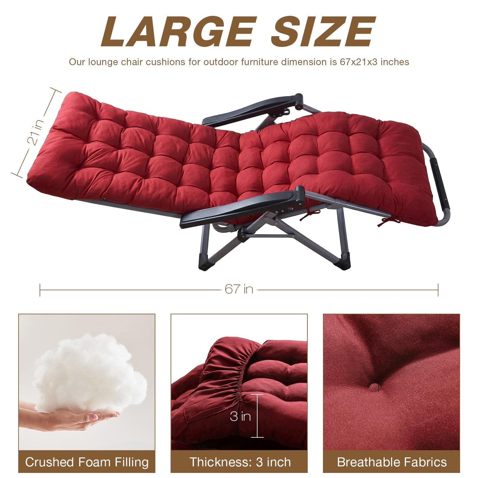 YEERSWAG 67x21x3 inch Outdoor Chaise Lounge Cushions, Non Slip Lounge Chaise Cushion High Back Indoor Rocking Chair Padded with Ties, Red