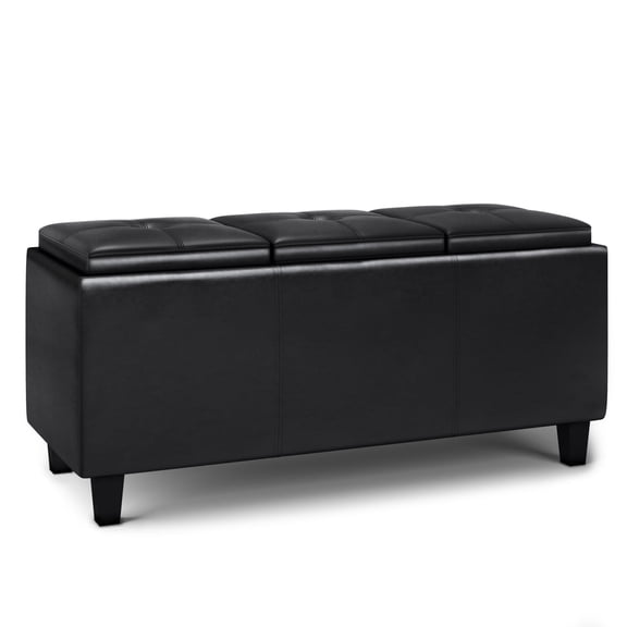 Simpli Home Avalon 42 inch Wide Contemporary Rectangle Tray Storage Ottoman with Lift Up Lids in Midnight Black Faux Leather