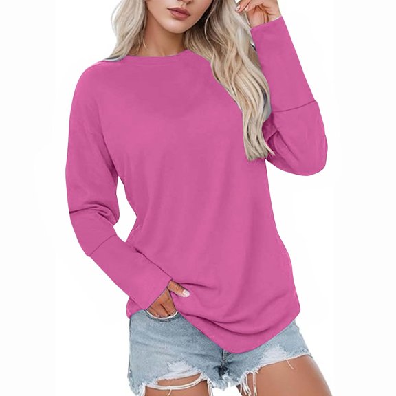 Womens 2025 Fashion Casual Long Sleeve Sweatshirts Solid Color Crewneck Tunic Tops Basic Loose Fit Tee Tops