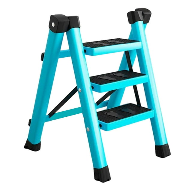 davian Folding Ladder 3 Step Portable Antislip Stepladder Sturdy Iron Work Ladder Compact Multifunctional Lightweight Suitable for Household Kitchen Garage I Blue