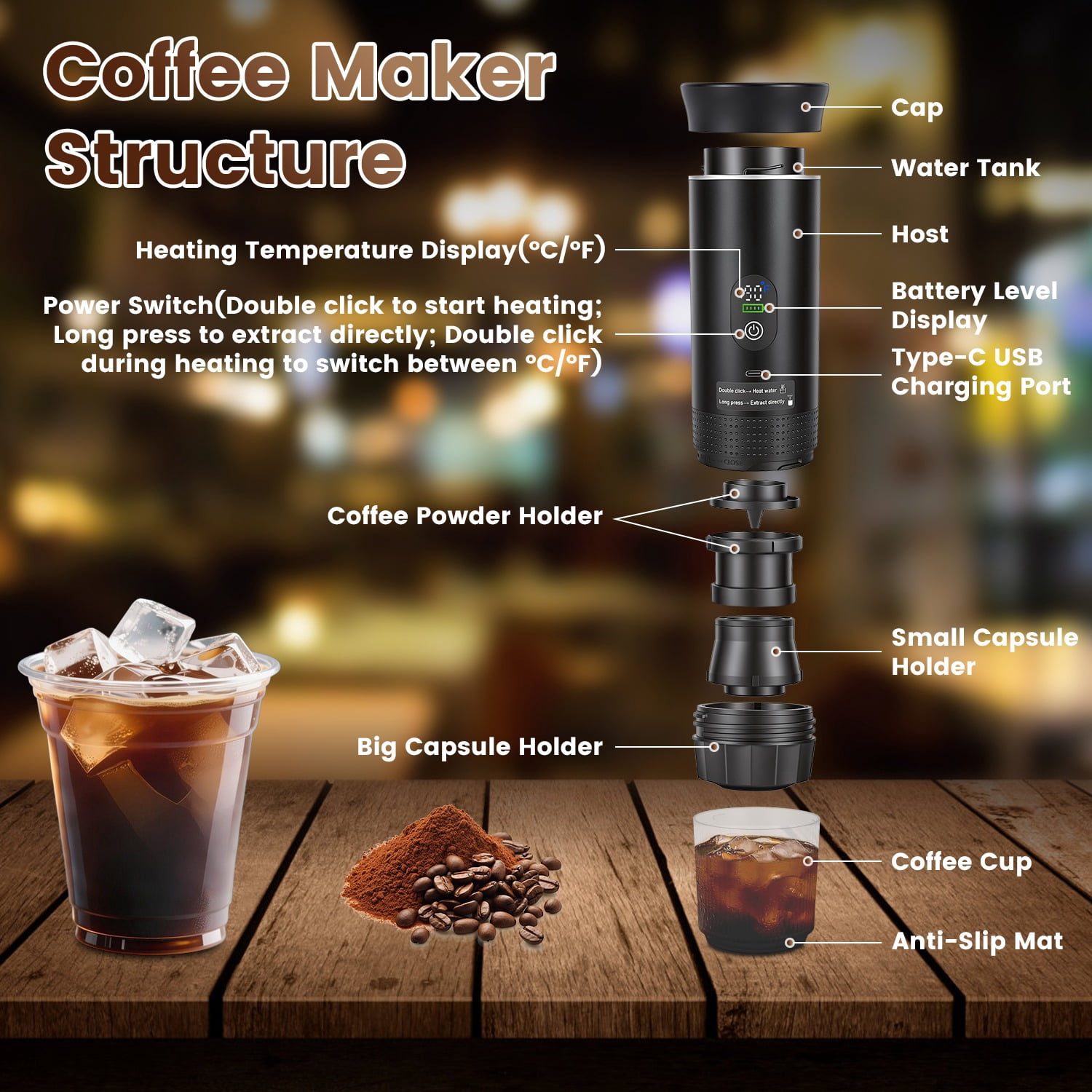 7500mAh Cordless Self-Heating 3-in-1 Portable Espresso Machine 20Bar Pressure Fast Heating Coffee Maker Anti-Dry Burn Fit Coffee & Capsules for Camping Hiking Home Office