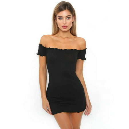 Women Sexy Floral Trimming Tight Fitted Short Sleeve Soft Mini Tube dress Summer Party Solid Black