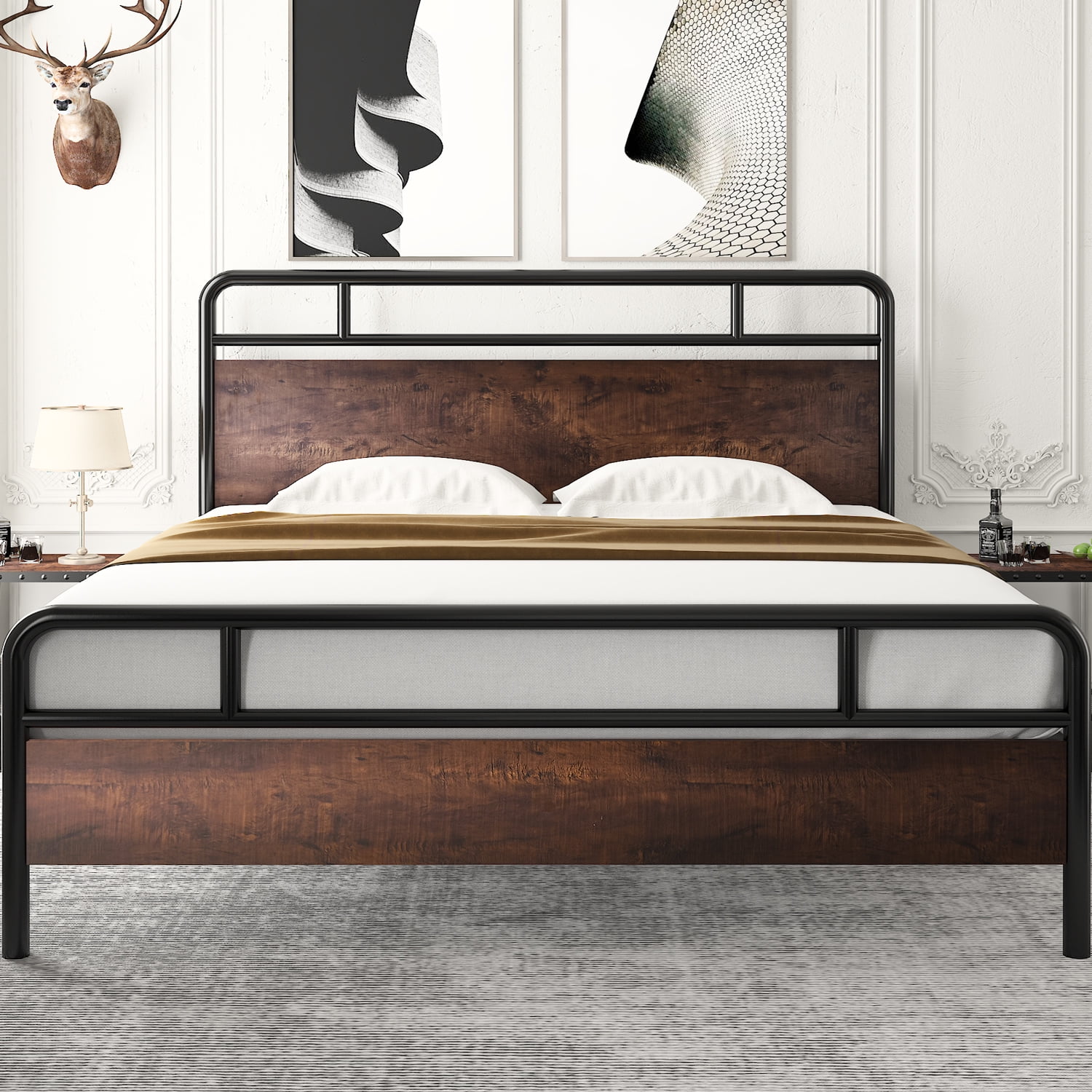 Amolife King Size Modern Heavy Duty Metal Platform Bed Frame with Wood