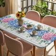thumbnail image 3 of Blue Pink Hydrangea Table Cloths for 5 Foot Rectangle Tables, Eucalyptus Leaves Wooden Summer Botanical Patio Waterproof Elastic Fitted Tablecloths, Washable Rectangular Table Cover for Camping, 3 of 8