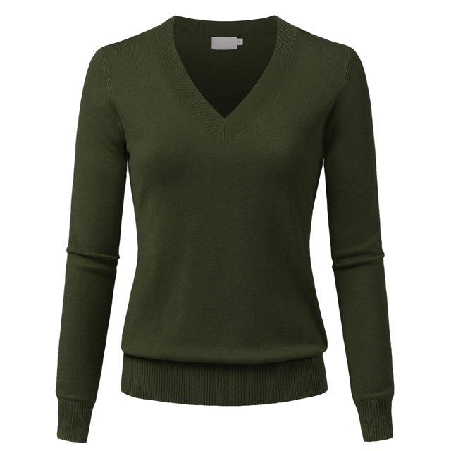 JSCEND Women's V-Neck Long Sleeve Solid Basic Soft Stretch Pullover Knit Sweater Olive L