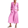thumbnail image 2 of Womens Cotton Linen 2-Piece Business Suit Set Long Sleeve Single Button Blazer & Wide Leg Cropped Pants, 2 of 9