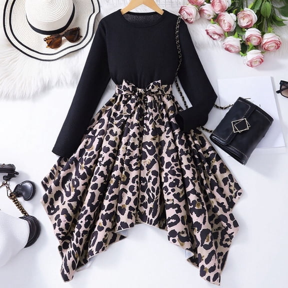 HAYIMI Child Long Sleeve Round Neck A-Line Leopard Print Dress For Girls With Detachable Waist Belt Elegant Party Wear And Casual Daily Cozy Special Occasion Back To School Swing Flowy Kids Sundress