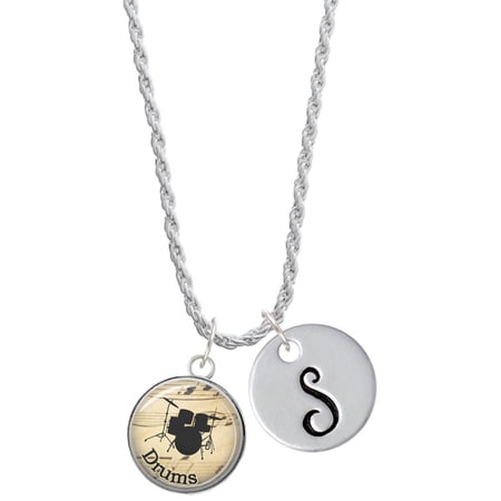 Delight Jewelry Silvertone Domed Music – Drums Silvertone Script Initial Disc – S – Charm Necklace 20 +3