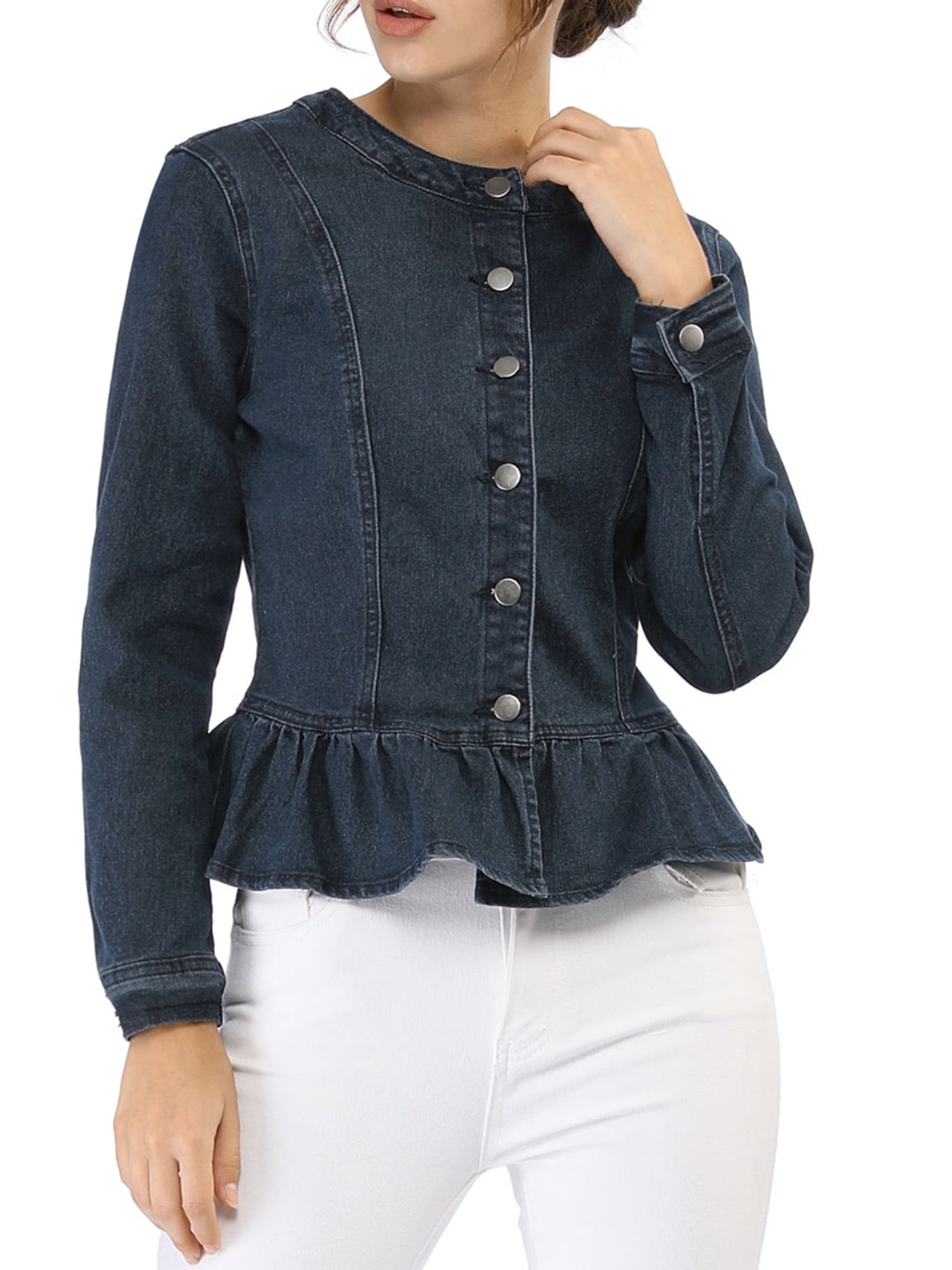 DARING DIVA Women's Button Down Cropped Ruffle Hem Denim Jacket M Blue
