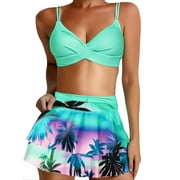 Fewfanhot Women's Tropical Palm Print Bikini Set, Halter Triangle Top & Ruffled Swim Skirt Adjustable Tummy Control Two Piece Bathing Swimsuit with UPF50