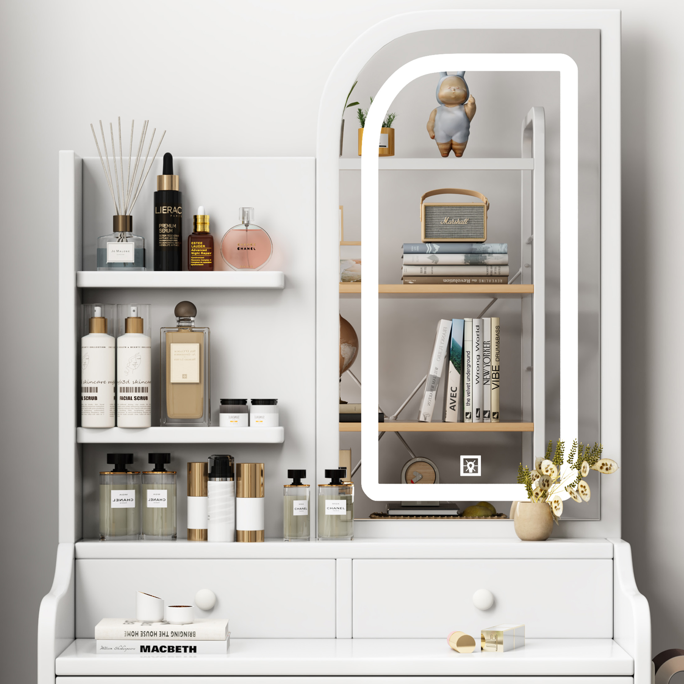 Aukfa Makeup Vanity Set with Mirror & Hair Dryer Holder, LED Vanity Desk for Girlss, White