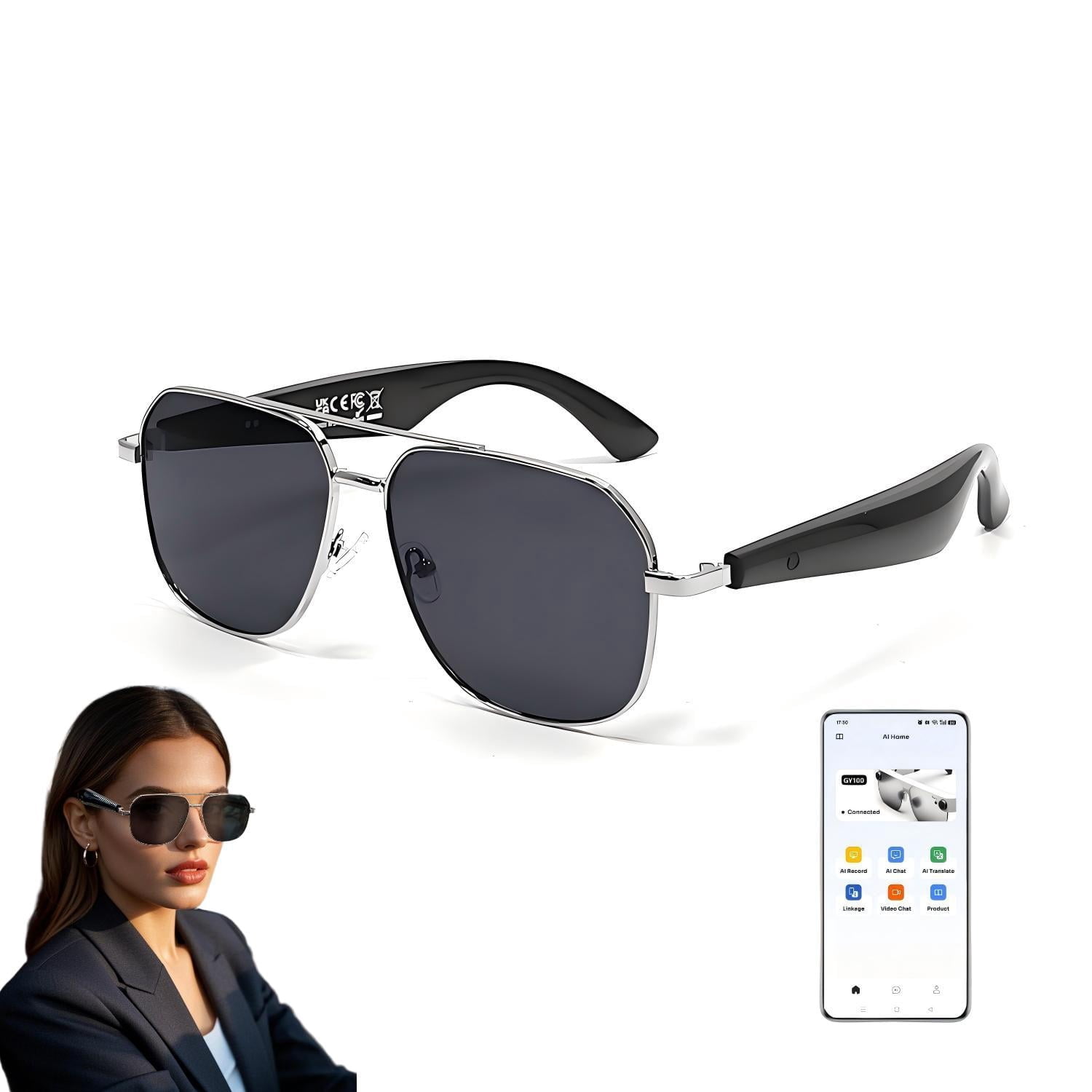 AI Smart Bluetooth 5.4 Translation Glasses for Travel & Business 140 Languages Two-Way Voice Translation UV Blue Light Protection Womens Smart Glasses (Silver Gray)