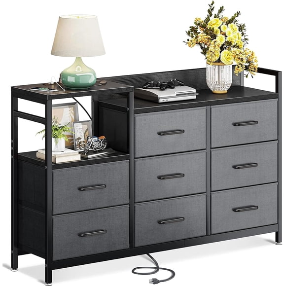 Cómoda para Recamara- Cajonera con 8 Cajones Deslizantes, Comoda Cajonera para Recamara con Estación de Carga, Muebles para recamara para Recamara, Ropa, Hogar Y Oficina, para Tus Espacios (Gris)