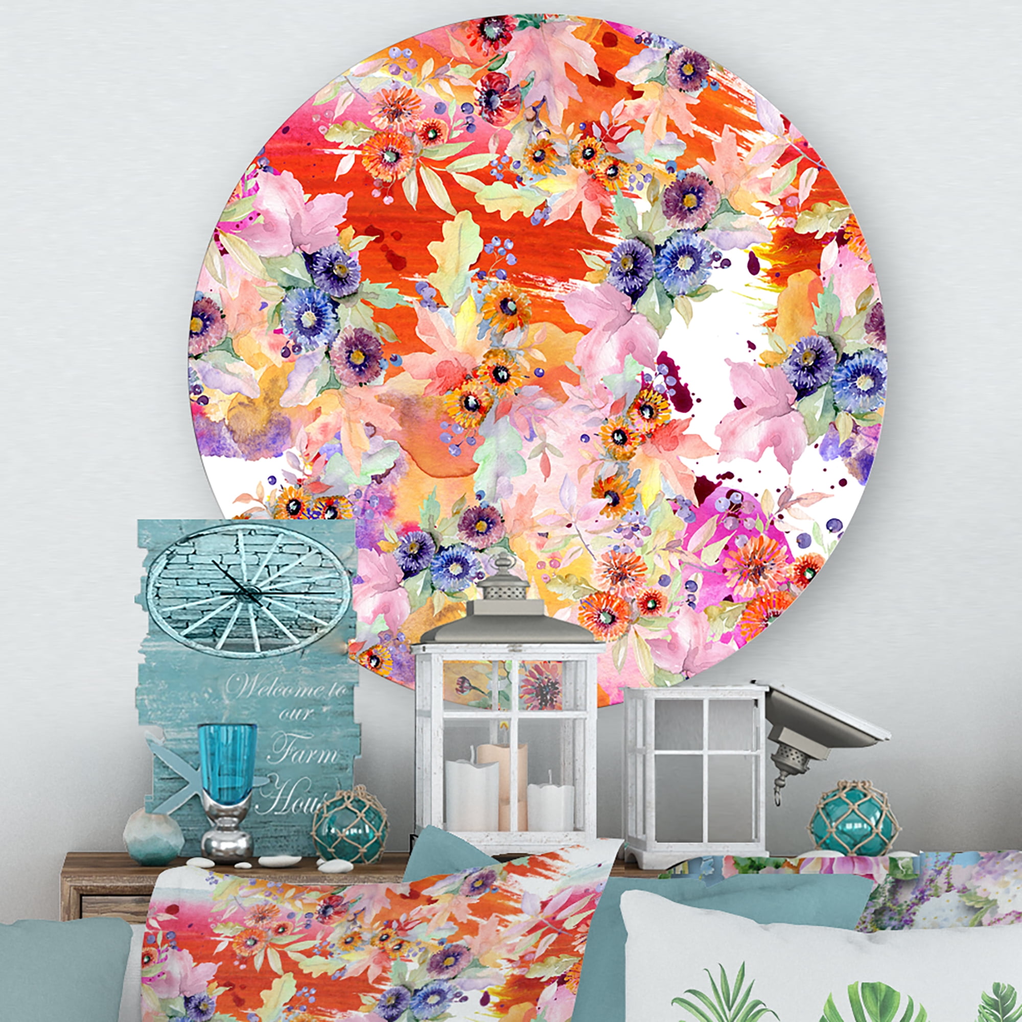 Designart 'Wildflowers and Vibrant Wild Spring Leaves VI' Modern Circle Metal Wall Art 23x23 - Disc of 23