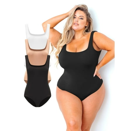 POSESHE Women's Plus Size Square Tank Bodysuit, S-5X, 3 Piece
