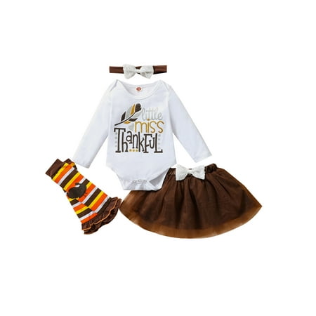 

ZIYIXIN 4Pcs Newborn Baby Girls Thanksgiving Outfits Letter Print Romper Tutu Skirt Striped Leg Warmers with Headband Set Coffee 3-6 Months