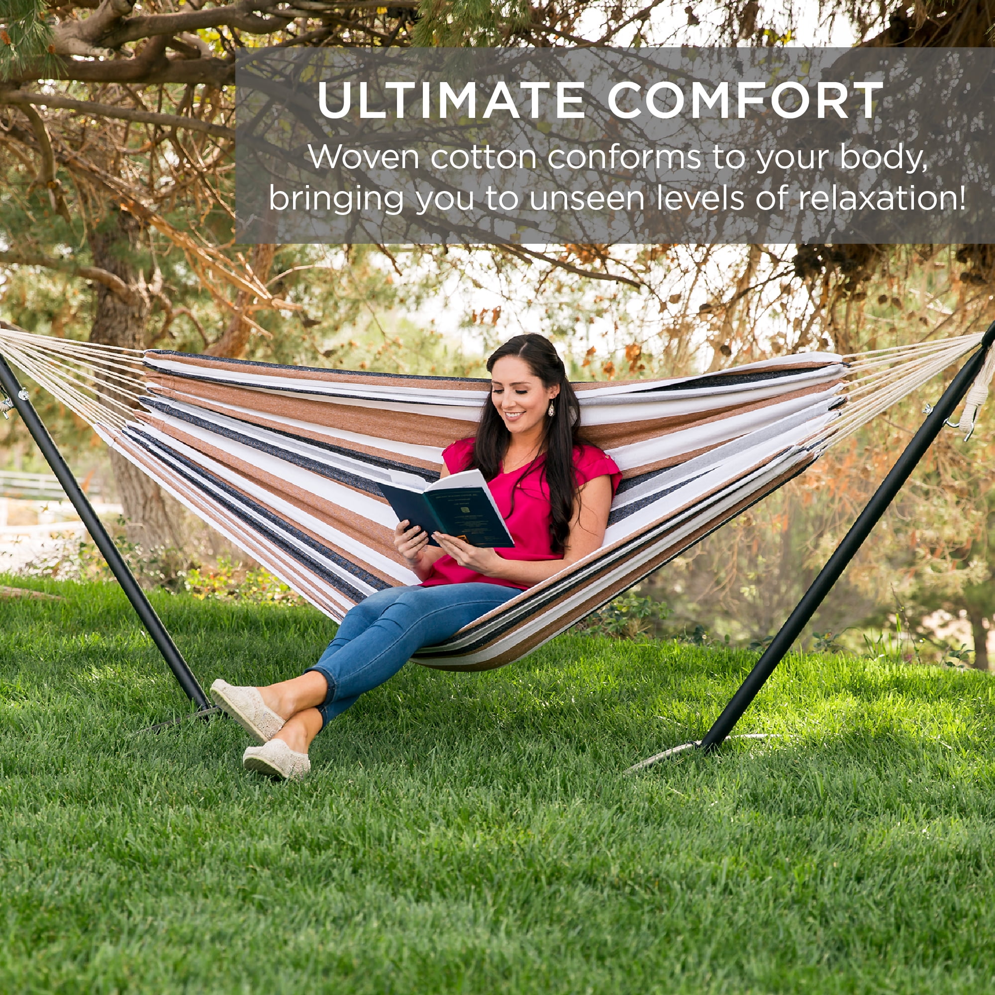 Best Choice Products 2-Person Brazilian-Style Cotton Double Hammock with Stand Set w/ Carrying Bag - Desert Stripes - 1
