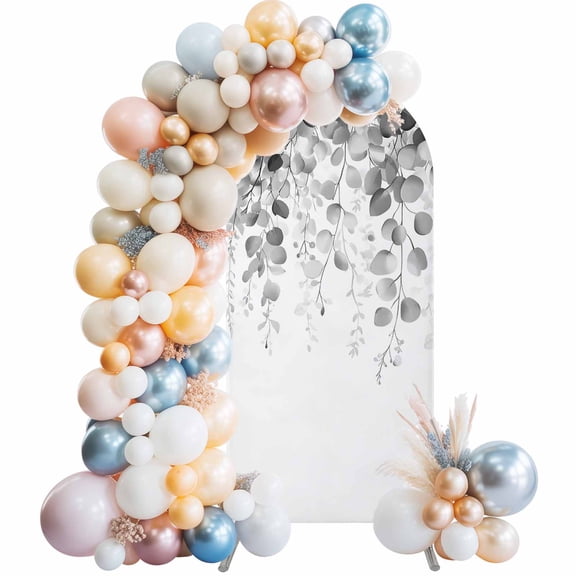 Grey Eucalyptus Arch Backdrop Cover, Spandex Fitted Wedding Arch Cover, Spring Botanical Weeping Plant Aesthetic Round Top Stand Covers for Birthday Ceremony Bridal Shower Party Decor 7.2x4 Ft