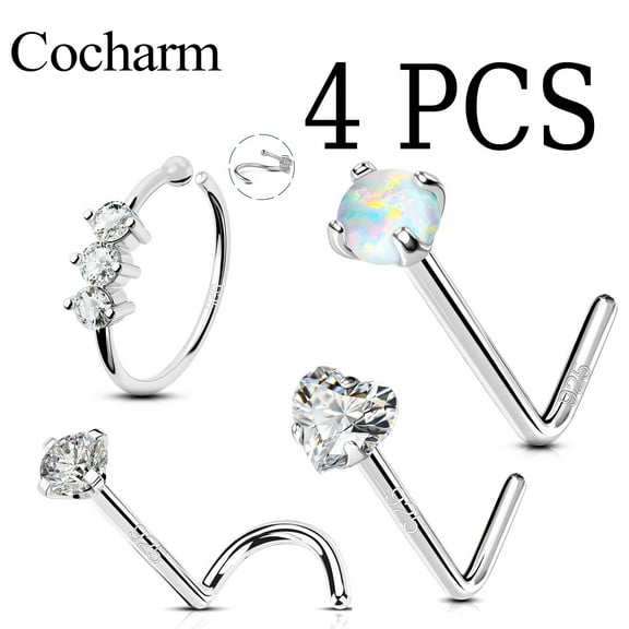 4PCS 925 Silver L S Shape Nose Ring Stud 20G Zircon Opal Body Piercing Jewelry