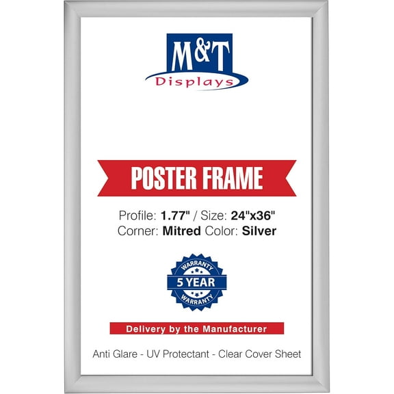 M&T Displays 24 x 36 Poster Frame, Silver Color, 1.77" Aluminum Profile, Front Loading, Wall Mounting, Snap Open 24x36 Inches Large Picture Frames