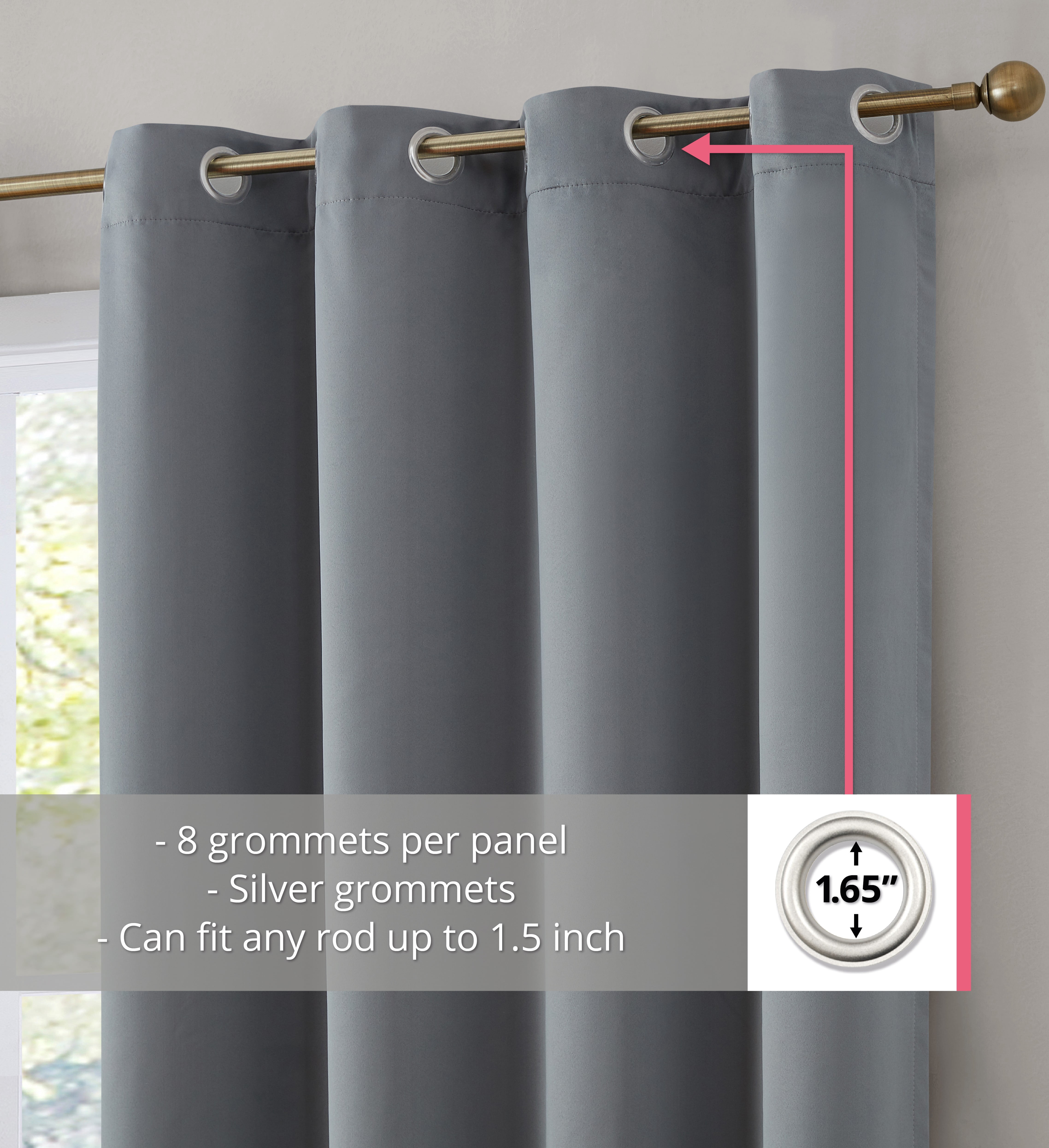 THD Virginia 100% Blackout Grommet Total Privacy Curtain Panels - Window Curtains for Living Room Bedroom - Set of 2 (Grey, 52 W x 84 L)