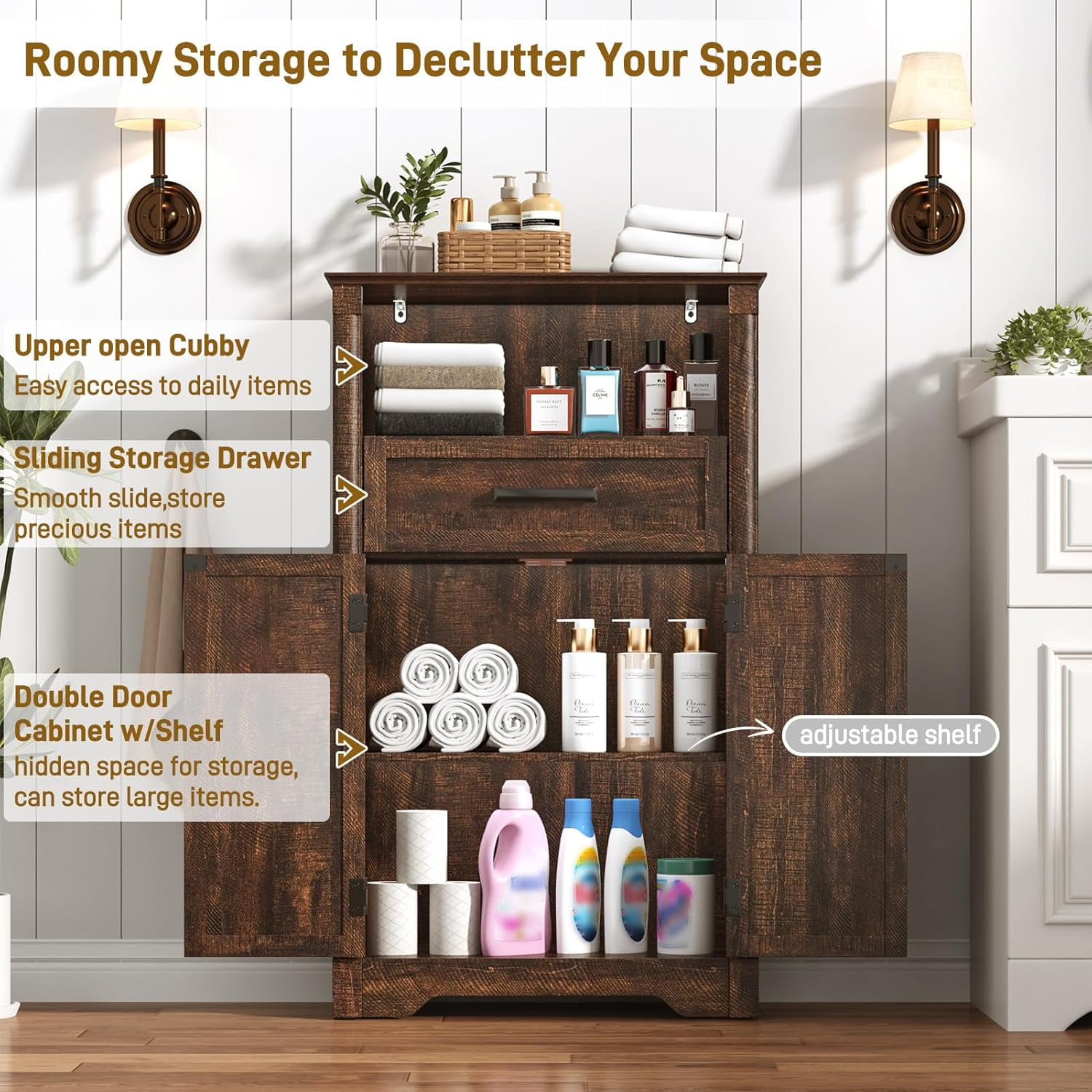 Farmhouse Floor Storage Cabinet with Drawers & 2 Barn Doors, Wood Bathroom Storage Cabinet with Roman Column Decor, Farmhouse Storage Cabinets with Adjustable Shelf & Door Cabinets, Rustic Brown