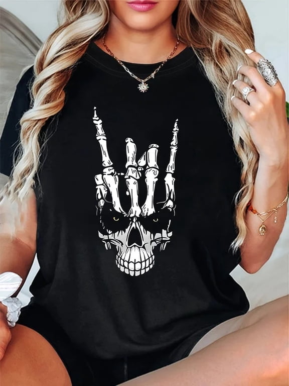 Women's Gothic Skull T-Shirt Casual Short Sleeve Crewneck Tee with Skeleton Hand Rock on Print for Rock and Roll Fans Minimalist