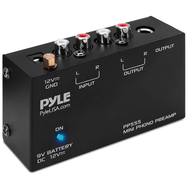 Preamplificador Phono Tocadiscos Pyle, Mini Preamplificador Estéreo con Batería de 9V, Adaptador de Energía de 12V DC, Entrada/Salida RCA, Bajo Ruido, Ideal para Tocadiscos y Vinilos, PP555