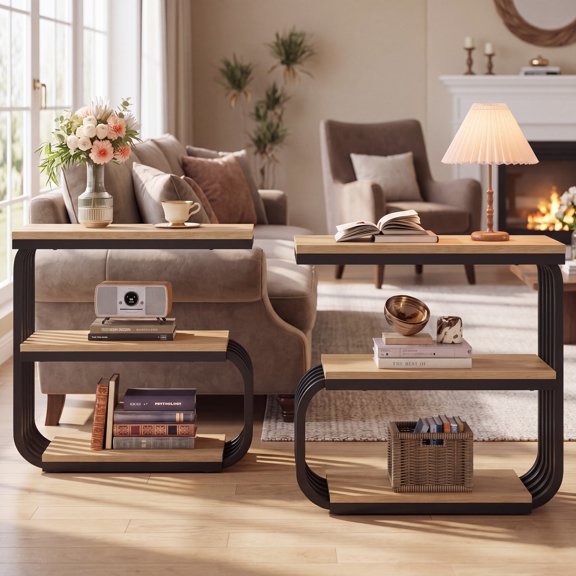 23.6" Set of 2 Narrow 3-Tier Side Tables with Curved Metal Frame, Industrial Small Storage End Tables for Couch Bedside
