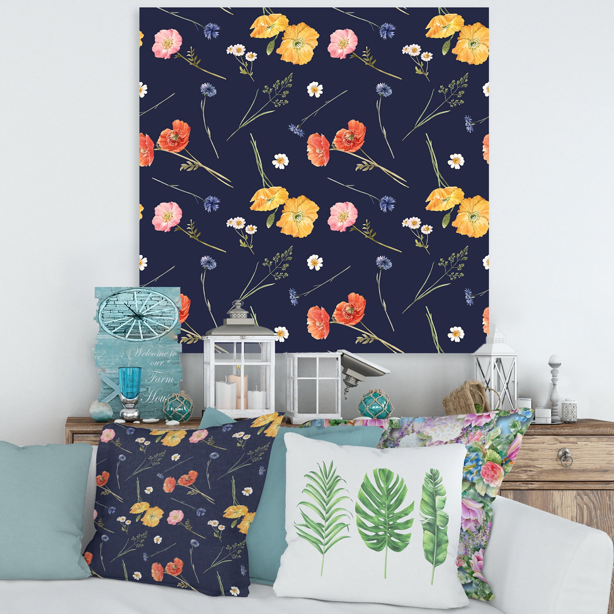 Designart ' Yellow and Orange Wild Flowers On Dark Blue ' Traditional Canvas Wall Art Print