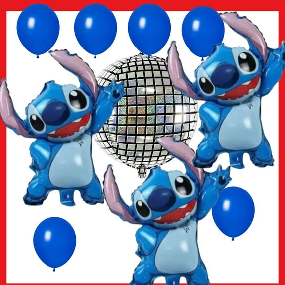 Stitch Mania Balloon Bouquet - 3 Large Stitch, Disco Silver & Blue! (10 Balloons)