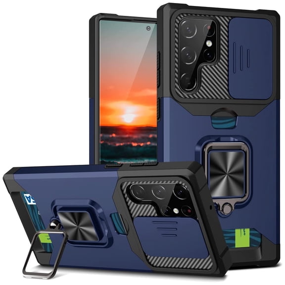 Military Grade All-In-One Ring Stand Card Case for Samsung Galaxy S22 Ultra 5G - Navy Blue
