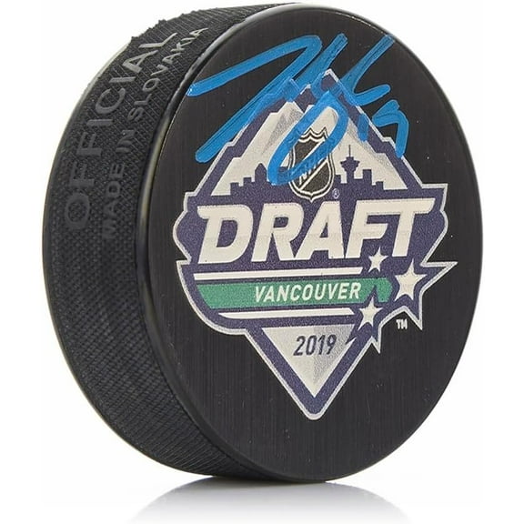 Johnny Beecher Autographed Boston Bruins 2019 Draft Hockey Logo Puck-Blue Signature