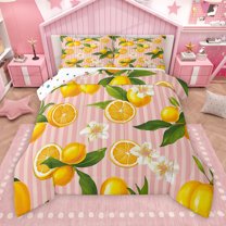 Manfei Cartoon Orange Lemon Full Size Comforter Sets, Summer Flower Bedding Comforter Set, Pink Stripes Abstract Reversible Bedding Sets, Lightweight Room Decor, 3-Piece
