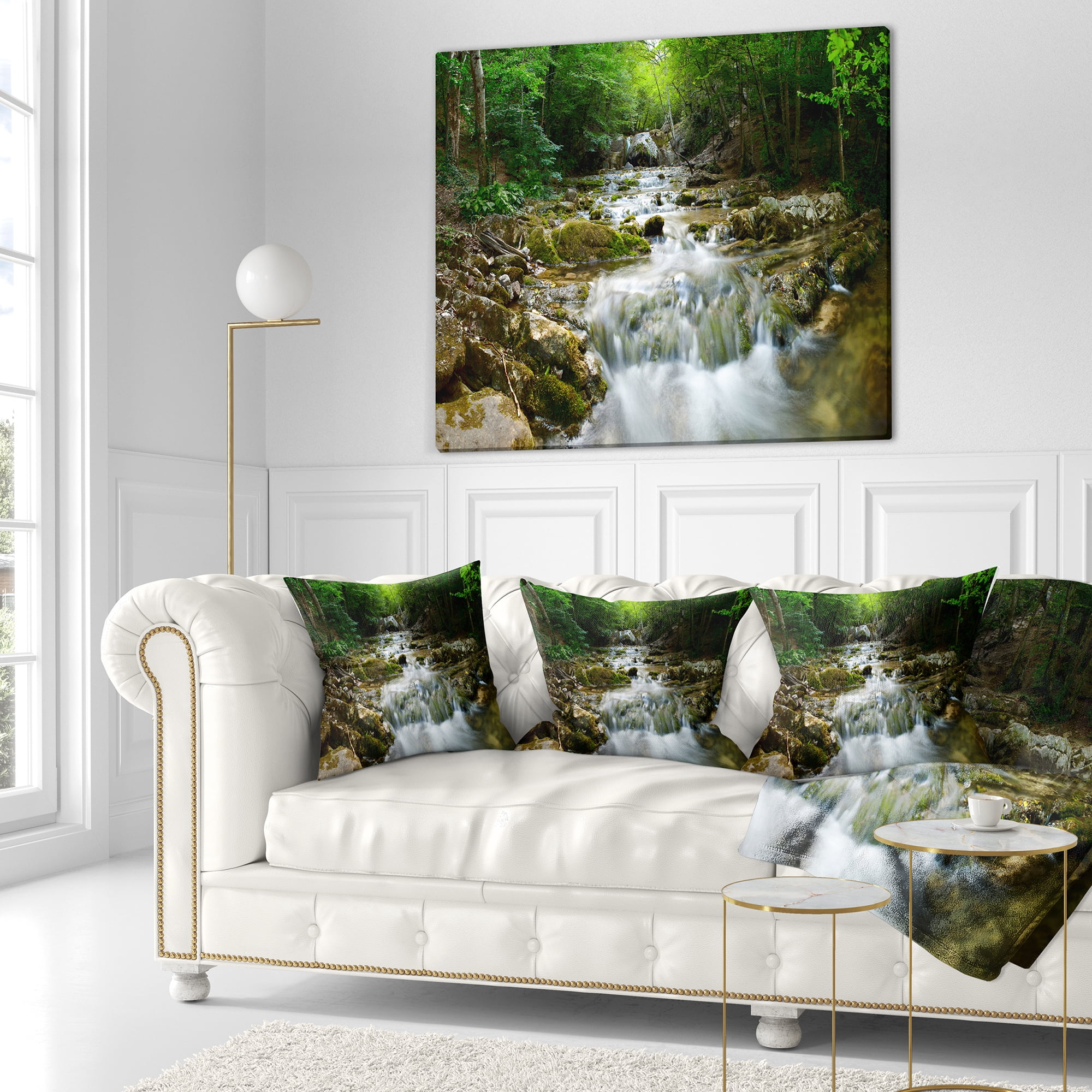 Designart Natural Spring Waterfall - Landscape Photography Throw Pillow - 18x18