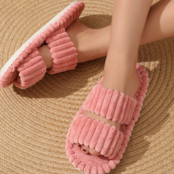 Fuzzy Slippers for Women Two Strap Corduroy Fuzzy Slippers Open Toe Slippers Indoor Home Bedroom Spa Lounge Travel Cozy Winter Warm Footwear