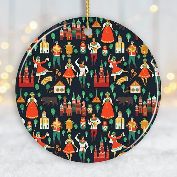 Russian Folklore Pattern Ornament, Bohemian Dolls Street Dancers and Mosques