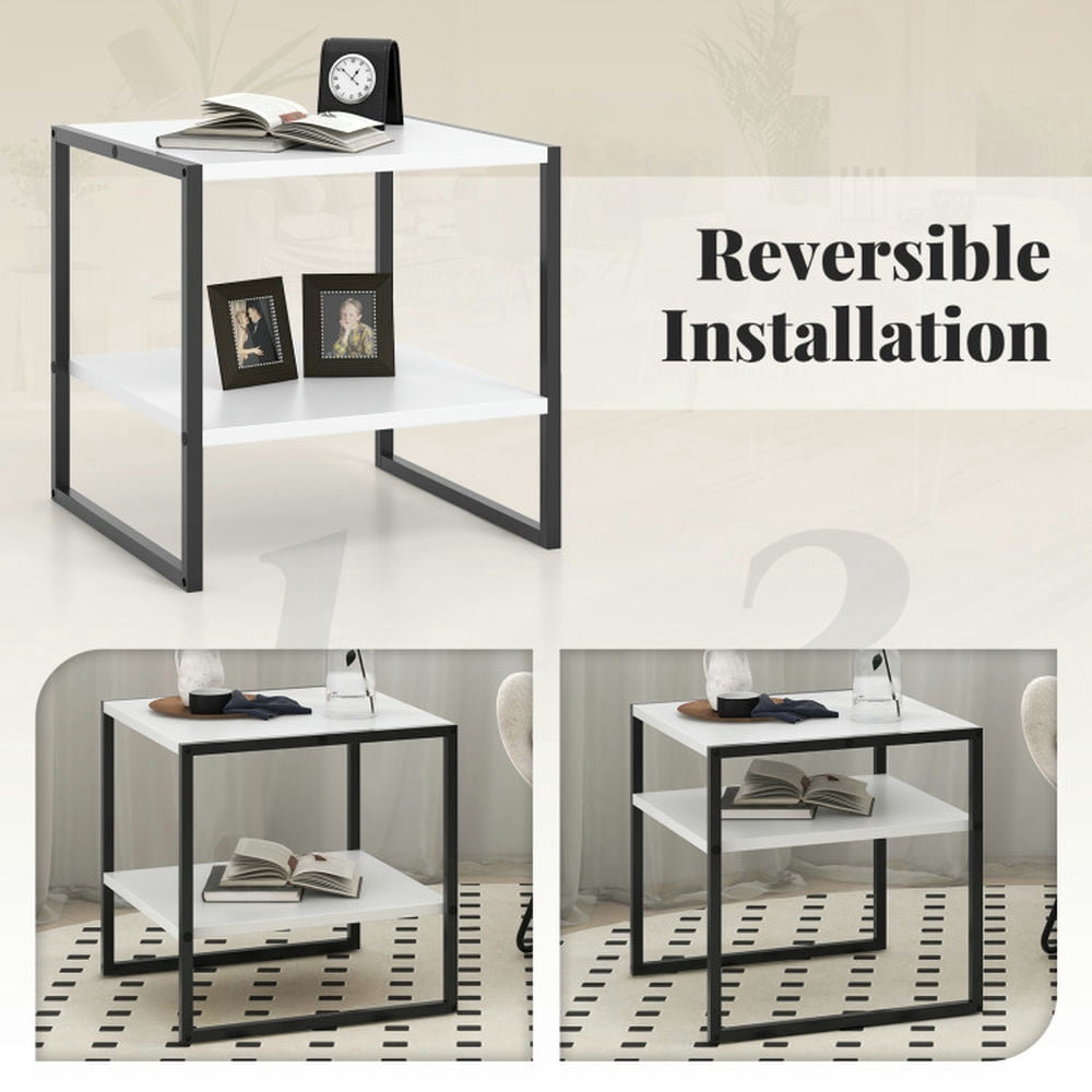 GVN End & Side Tables,2-Tier Square End Table with Storage Shelf Reversible Design-White
