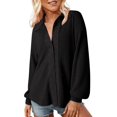 thumbnail image 2 of Women's Openwork Lapel Shirt, Long Sleeve Button Down Blouse, Breathable Loose Fit Top, Cutout Detail Casual Shirt, Woven Fabric Tunic Style Top Black XL, 2 of 5