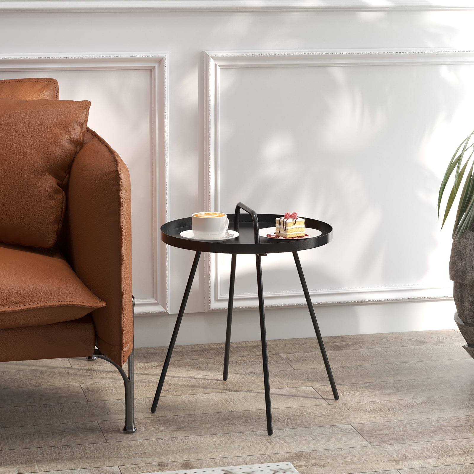 Grand Patio Round Coffee Side Table With Handle Small Steel End Table for Outdoor & Indoor, Black