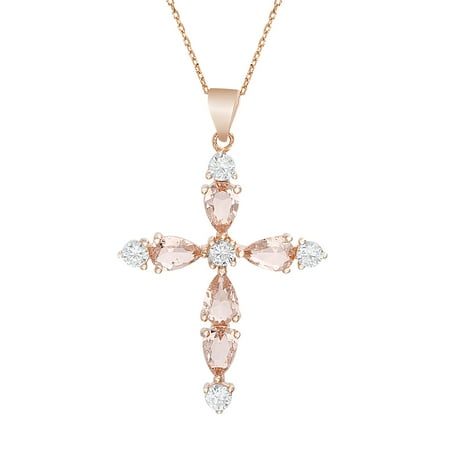 - Marquise Simulated Morganite & Round Cubic Zirconia Cross Necklace in Rose Gold over Sterling Silver