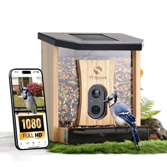 TT Nature Smart Bird Feeder with Camera Solar Powered, AI Identify 10000 Birds, Weatherproof , Eco-friendly Wooden, Ideal Gift for Bird Lovers