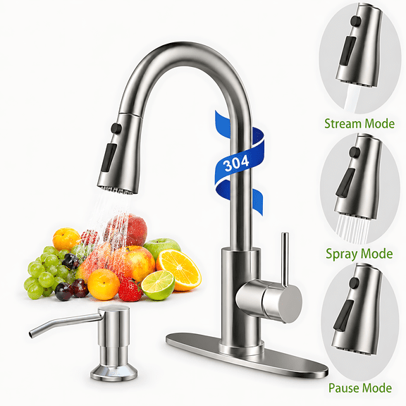 Kitchen Faucet with Soap Dispenser, SUS304 Stainless Steel Faucet, 3 Modes High Arc Single Handle Kitchen Sink Faucet with Deck Plate for Kitchen Renovation