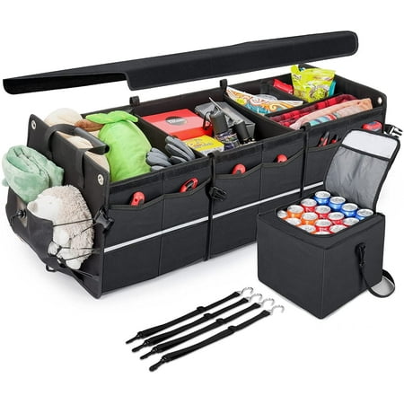 Car Trunk Organizer 110L, Collapsible Large Storage Box with Cooler Bag for Cars, Black