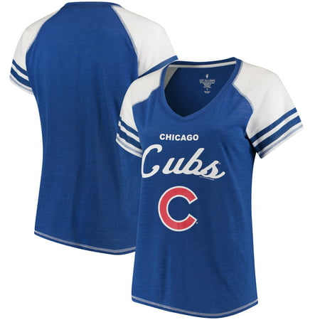Chicago Cubs Soft as a Grape Women's Plus Sizes Three Out Color Blocked Raglan Sleeve T-Shirt -