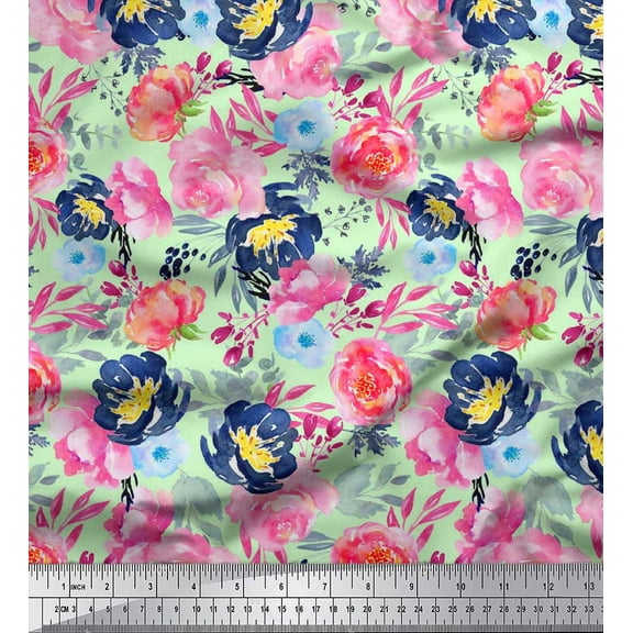 Soimoi Green Cotton Duck Fabric Leaves & Pink Floral Watercolor Print Fabric by Yard 42 Inch Wide