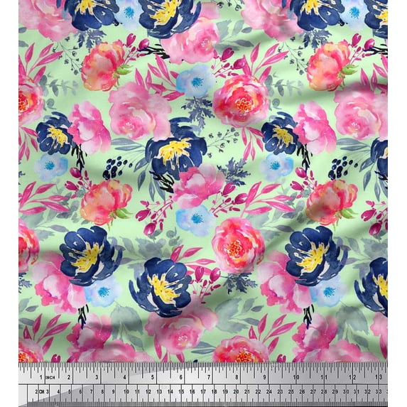 Soimoi Green Cotton Duck Fabric Leaves & Pink Floral Watercolor Print Fabric by Yard 42 Inch Wide