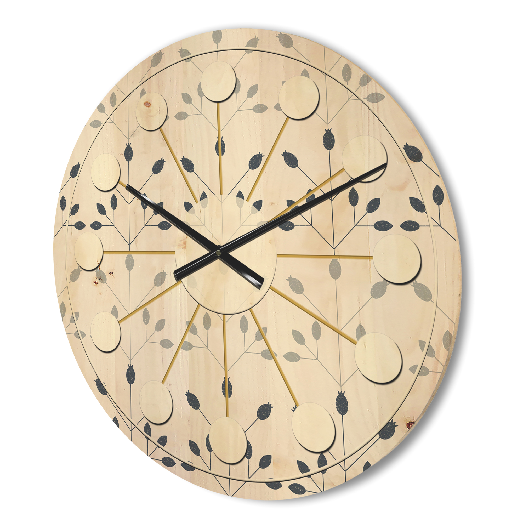 Designart 'Botanical Floral Retro Pattern I' Mid-Century Modern Wood Wall Clock